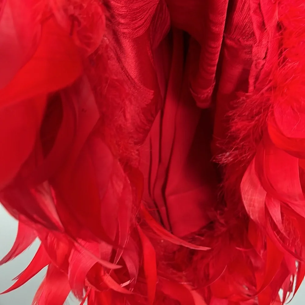 Vintage Women’s Silk Red Shift Dress Faux Feather Hem Necktie Slip on size S - Picture 9 of 17